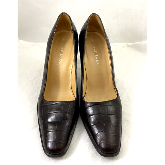 Ralph Lauren Pump Croc Embossed Brown Leather 3" Block Heel Classic 8.5 B - Picture 5 of 11